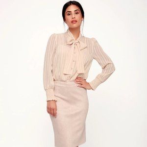 Moon River Light Beige Tie-Neck Long Sleeve Bodysu